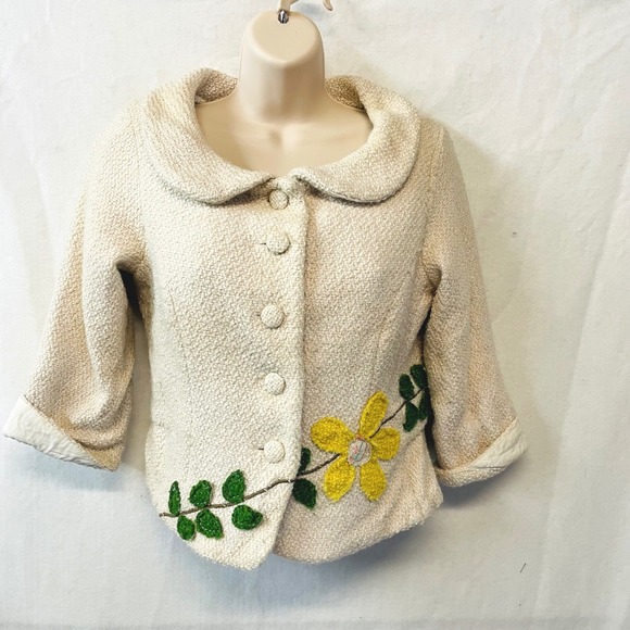 Nick & Mo Women M Cream Wool Blend Flower Applique Retro 60s  Button Up Jacket - Picture 1 of 7